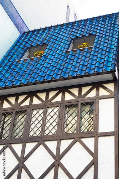 Obraz 青い屋根の山小屋風の建物