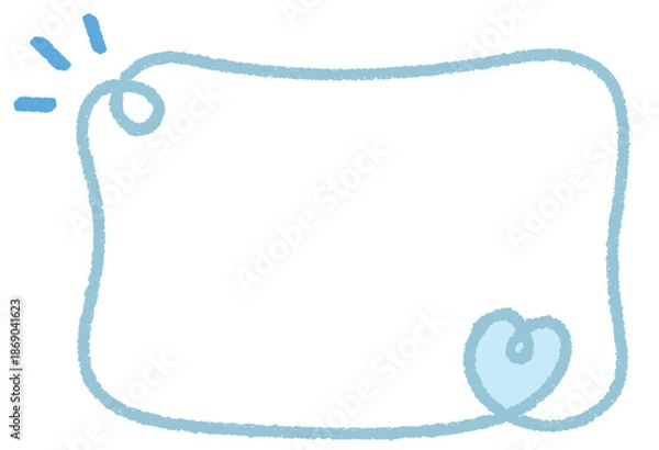 Fototapeta クレヨンラインのカーリーハート四角フレーム/くすみブルー