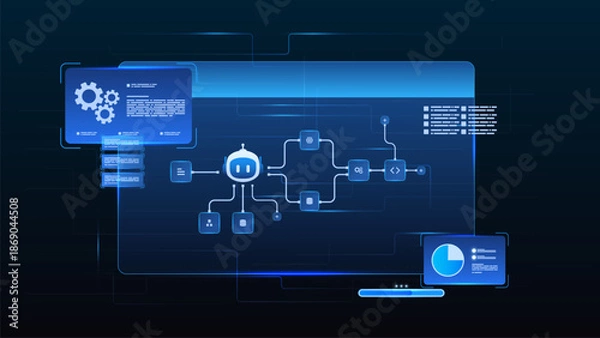 Obraz AI workflow automation artificial intelligence. ai agent network diagram dashboard machine learning showing input, database, analytics panel and automation system.
