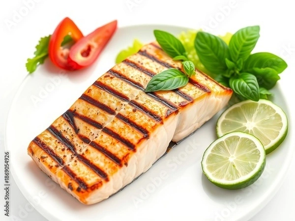 Obraz Grilled salmon with lime and basil