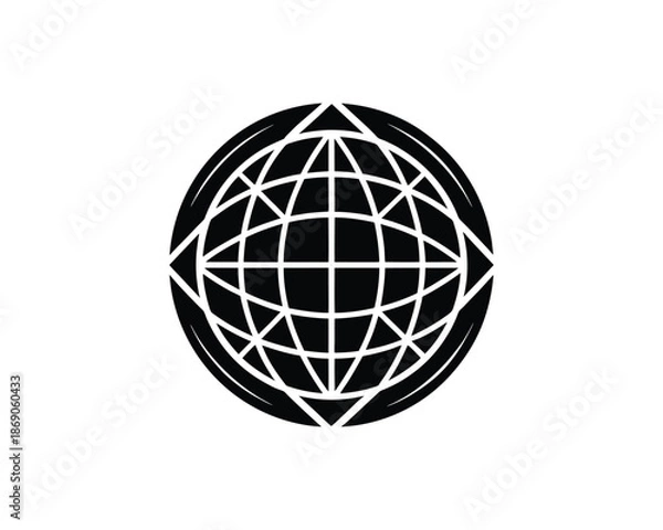 Obraz Black stylized globe icon with grid and triangular elements on white background world earth