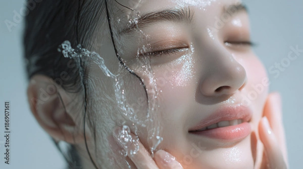 Obraz 洗顔する美しい女性の美肌と清潔感。美容・コスメ・スキンケア広告用写真