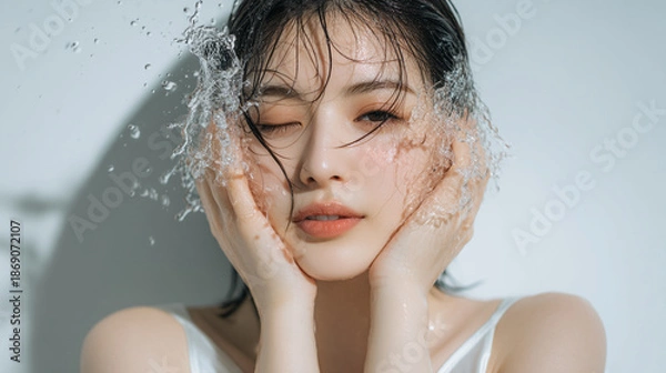 Obraz 洗顔する美しい女性の美肌と清潔感。美容・コスメ・スキンケア広告用写真