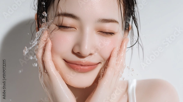 Obraz 洗顔する美しい笑顔の女性の美肌と清潔感。美容・コスメ・スキンケア広告用写真