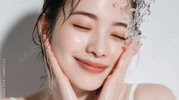 Obraz 洗顔する美しい笑顔の女性の美肌と清潔感。美容・コスメ・スキンケア広告用写真