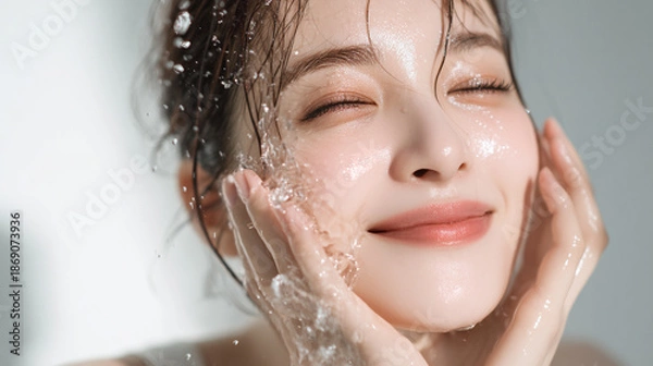 Obraz 洗顔する美しい笑顔の女性の美肌と清潔感。美容・コスメ・スキンケア広告用写真