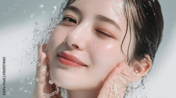 Obraz 洗顔する美しい笑顔の女性の美肌と清潔感。美容・コスメ・スキンケア広告用写真