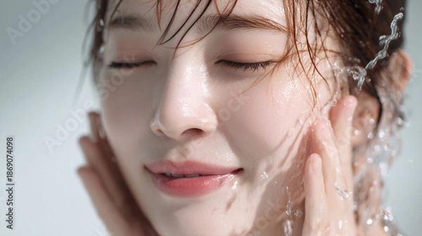 Obraz 洗顔する美しい女性の美肌と清潔感。美容・コスメ・スキンケア広告用写真