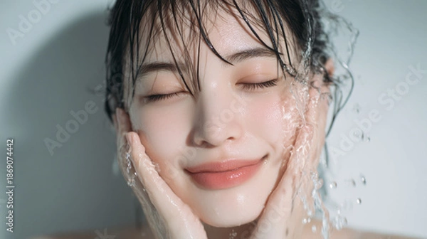 Obraz 洗顔する美しい女性の美肌と清潔感。美容・コスメ・スキンケア広告用写真