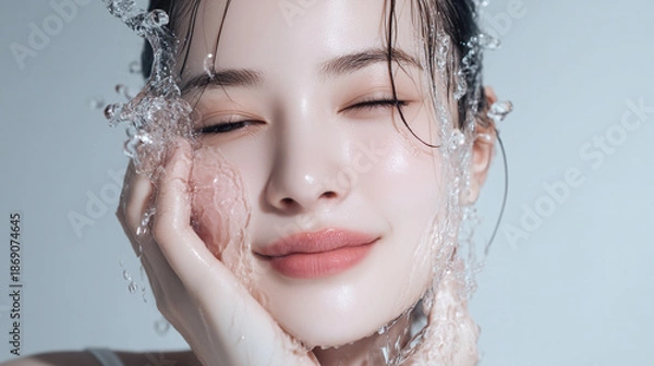Obraz 洗顔する美しい女性の美肌と清潔感。美容・コスメ・スキンケア広告用写真