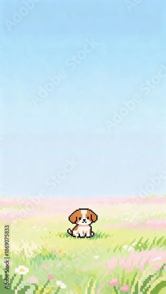 Fototapeta 広いパステル草原に小さな子犬を配置した癒し系ピクセルアート