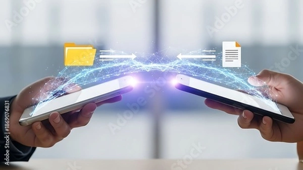 Fototapeta Hands Holding Smartphones Transferring Data with Digital Network Connection data transfer