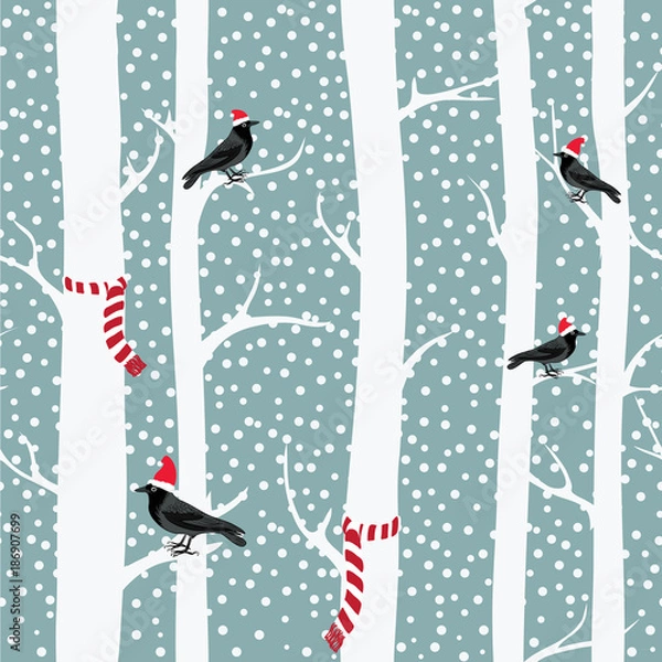 Obraz Black crows with christmas hats on the winter trees with christmas scarfs. Snowing. Seamless pattern. Vector illustration on grey background
