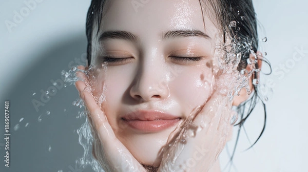 Obraz 洗顔する美しい笑顔の女性の美肌と清潔感。美容・コスメ・スキンケア広告用写真