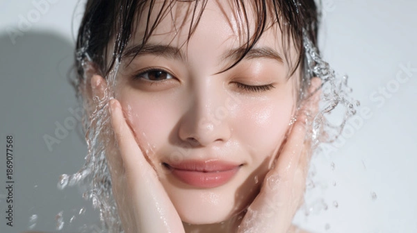 Obraz 洗顔する美しい女性の美肌と清潔感。美容・コスメ・スキンケア広告用写真