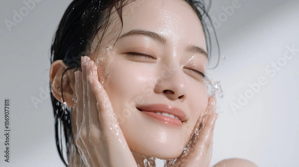 Obraz 洗顔する美しい笑顔の女性の美肌と清潔感。美容・コスメ・スキンケア広告用写真