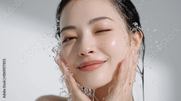 Obraz 洗顔する美しい笑顔の女性の美肌と清潔感。美容・コスメ・スキンケア広告用写真