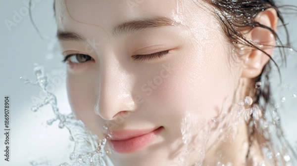 Obraz 洗顔する美しい女性の美肌と清潔感。美容・コスメ・スキンケア広告用写真
