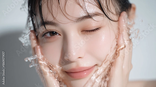 Obraz 洗顔する美しい女性の美肌と清潔感。美容・コスメ・スキンケア広告用写真
