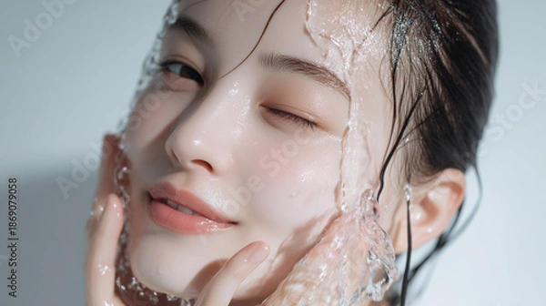 Obraz 洗顔する美しい女性の美肌と清潔感。美容・コスメ・スキンケア広告用写真