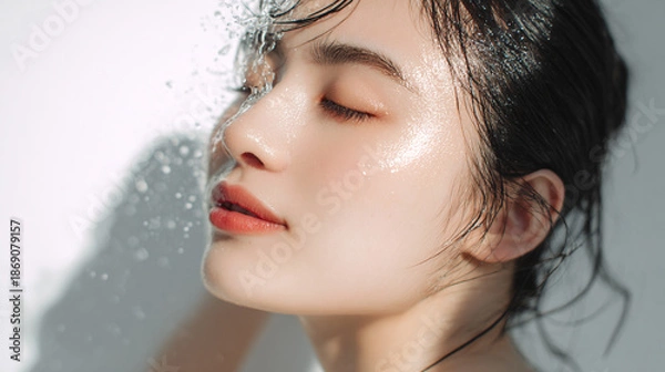 Obraz 洗顔する美しい女性の美肌と清潔感。美容・コスメ・スキンケア広告用写真