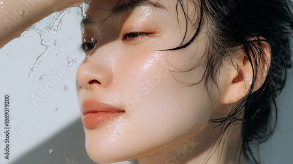 Obraz 洗顔する美しい女性の美肌と清潔感。美容・コスメ・スキンケア広告用写真