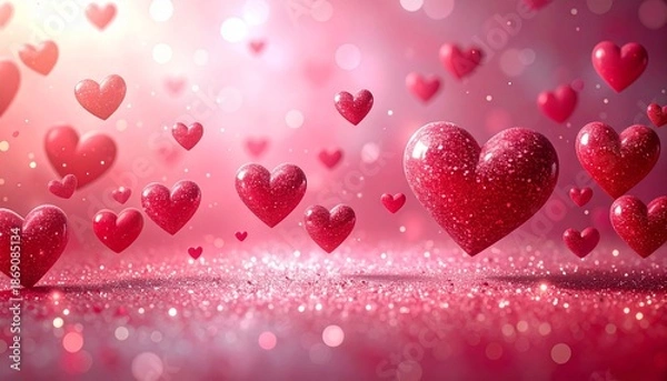 Obraz ピンクのキラキラ背景に浮かび上がるハート型チョコ　バレンタイン、ウェディング素材