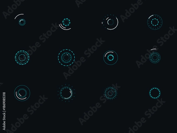Obraz 12 Futuristic Sci-Fi HUD Interface Elements and Loading Spinners - Vector Pack on Dark Background