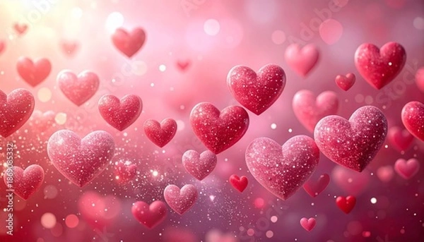 Obraz ピンクのキラキラ背景に浮かび上がるハート型チョコ　バレンタイン、ウェディング素材