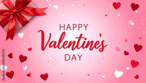 Obraz プレゼントとハートに囲まれたハッピーバレンタインデーの文字　バレンタイン素材