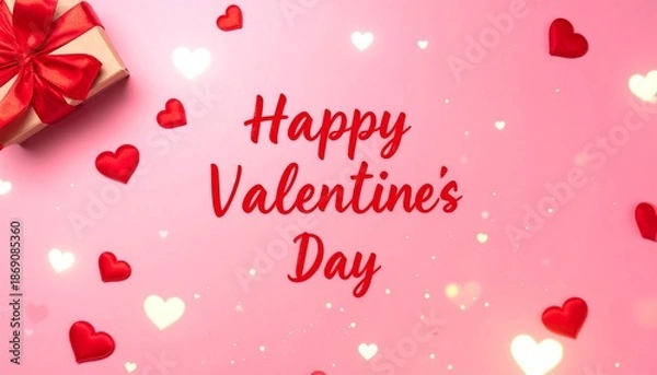 Obraz プレゼントとハートに囲まれたハッピーバレンタインデーの文字　バレンタイン素材