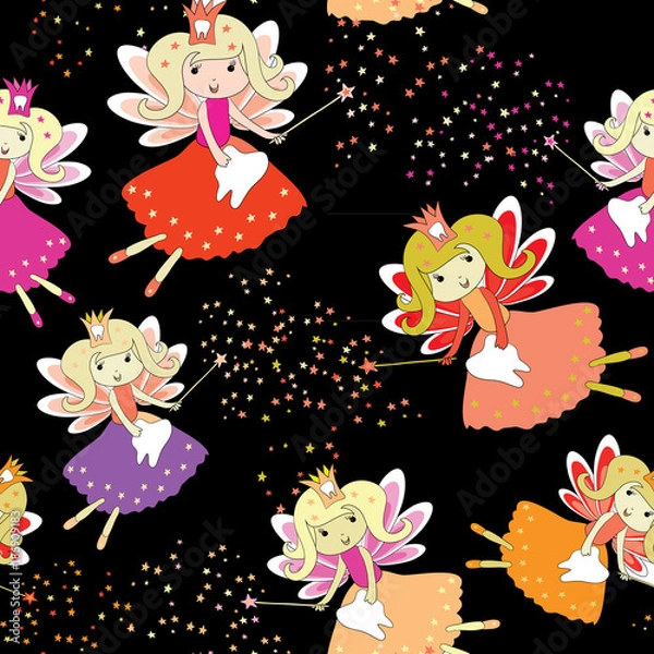 Fototapeta Tooth fairies with magic wands and stars around. Seamless pattern. Vector illustration on black background