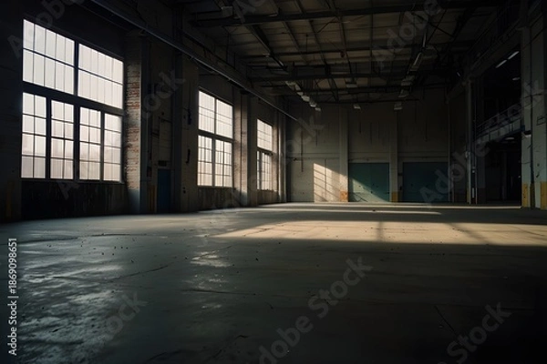 Obraz Industrial warehouse interior background, empty space, soft lighting