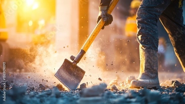 Fototapeta Worker using shovel against sun