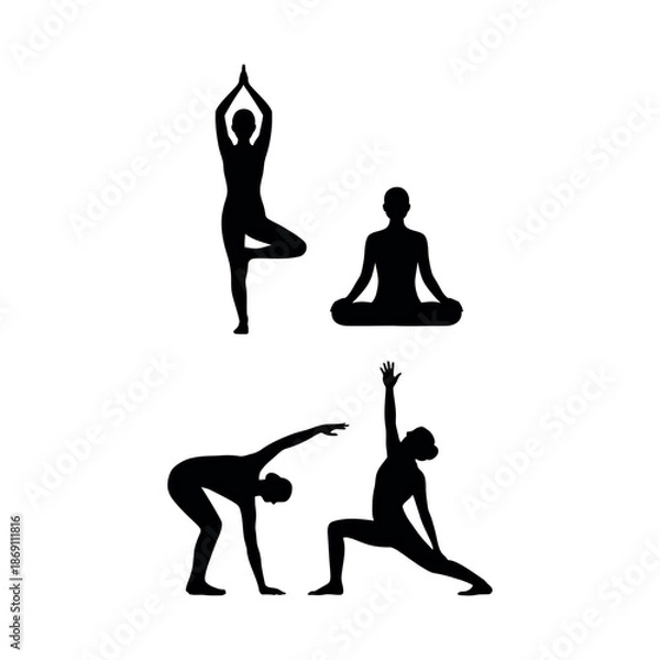 Obraz People practicing different yoga poses silhouette Vector