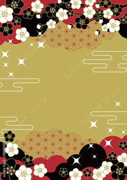 Obraz 和風背景イラスト、かわいい、シンプル、梅、金、キラキラ、縦