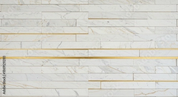 Fototapeta Beige marble wall cladding with golden veining in staggered rectangular pattern white