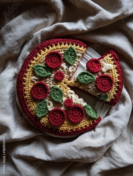 Obraz Crocheted pizza with a slice cut out