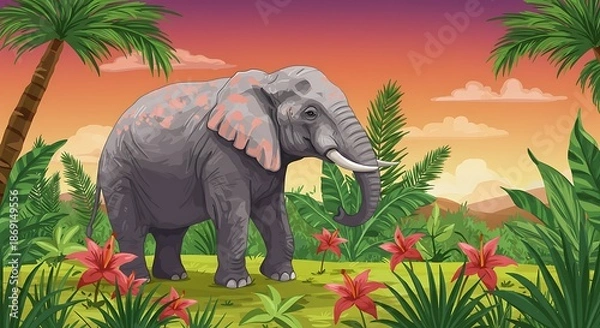 Obraz 夕焼けの象と楽園の植物