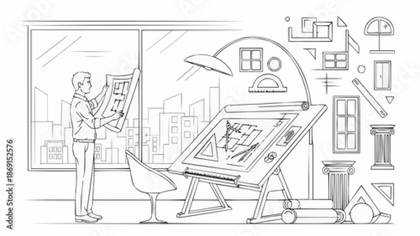 Fototapeta Architectural design process with blueprints and drafting table.