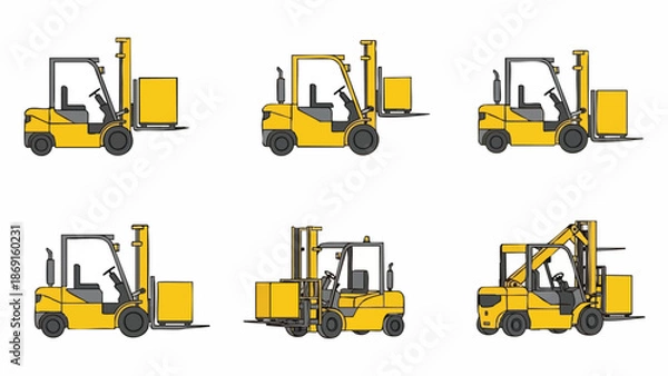 Obraz Forklift Set Loading Lifting Transporting Boxes - Yellow Machines.
