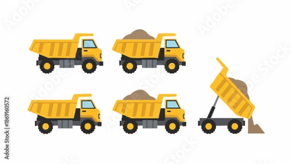 Obraz Yellow dump trucks unloading sand on white background.