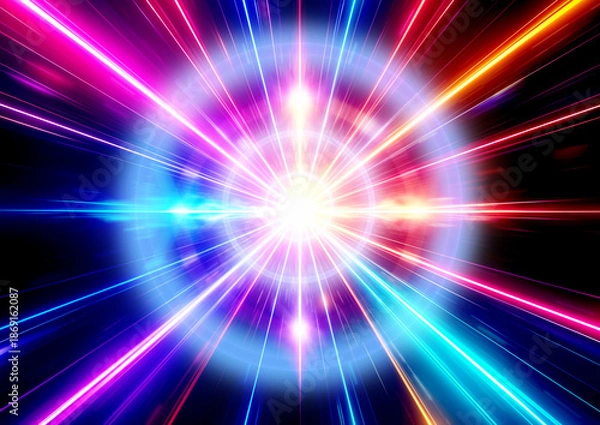 Obraz カラフルな光が放射状に広がるエネルギー爆発の抽象背景