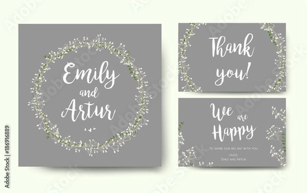 Fototapeta Wedding floral invitation invite flower card silver gray design with garden Baby's breath Gypsophila tiny flower wreath romantic poster banner. Vector romantic anniversary print. Elegant cute template