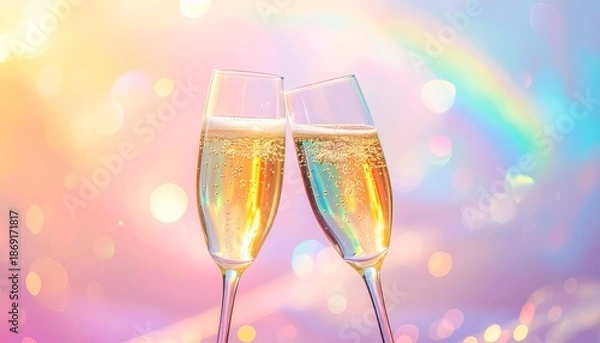 Obraz 虹色のプリズムが煌めくホログラフィックな背景とシャンパンの乾杯