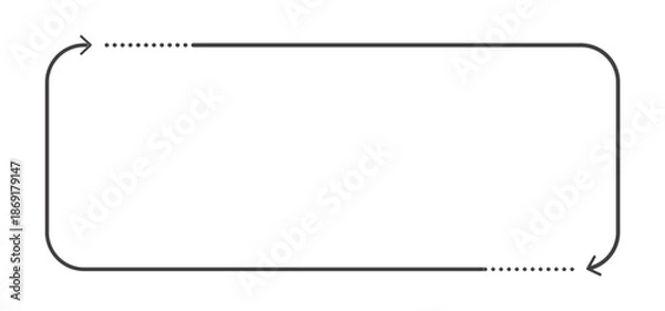 Obraz 破線で始まる矢印2つで囲った四角い横長フレーム　細線