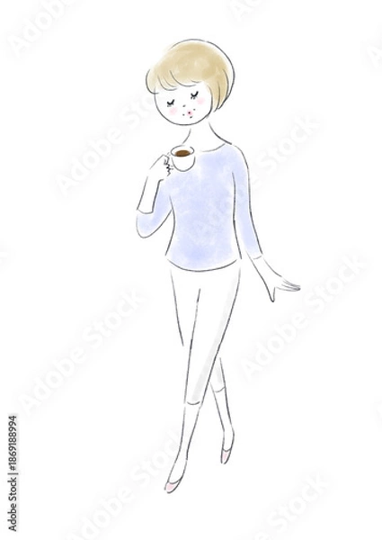 Obraz リラックスした様子でコーヒーを持つ女性のイラスト（全身）