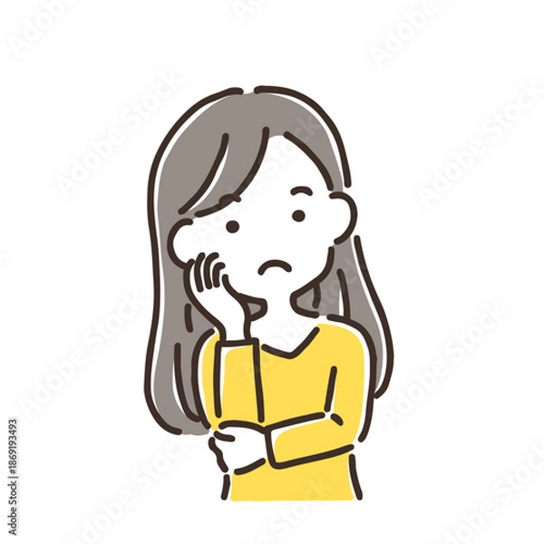 Obraz 考え事をして首をかしげている若い女性／シンプルカラー／単品