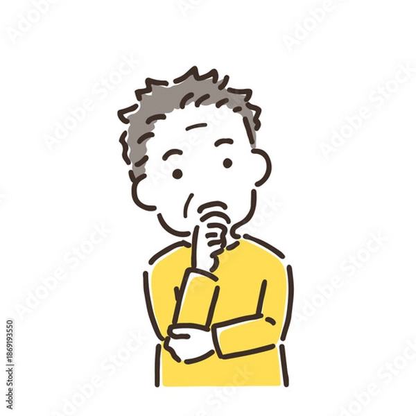 Fototapeta 考え事をして首をかしげている中年男性／シンプルカラー／単品