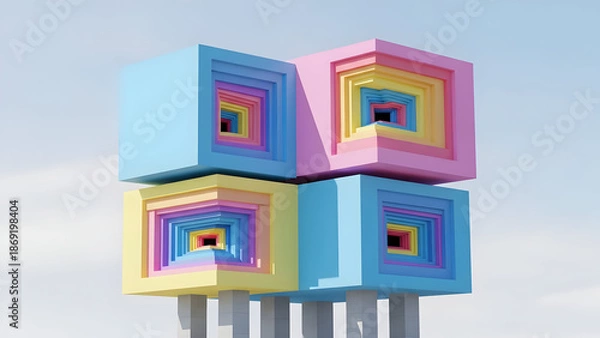 Obraz Colorful stacked cubes featuring nested square patterns creating a delightful optical illusion